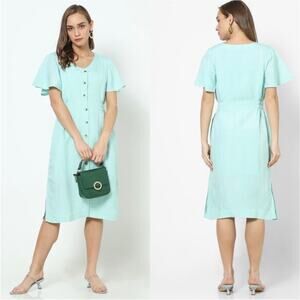 Project Eve Mint Green Linen Viscose Midi Dress Short Sleeve Modest Sz Small